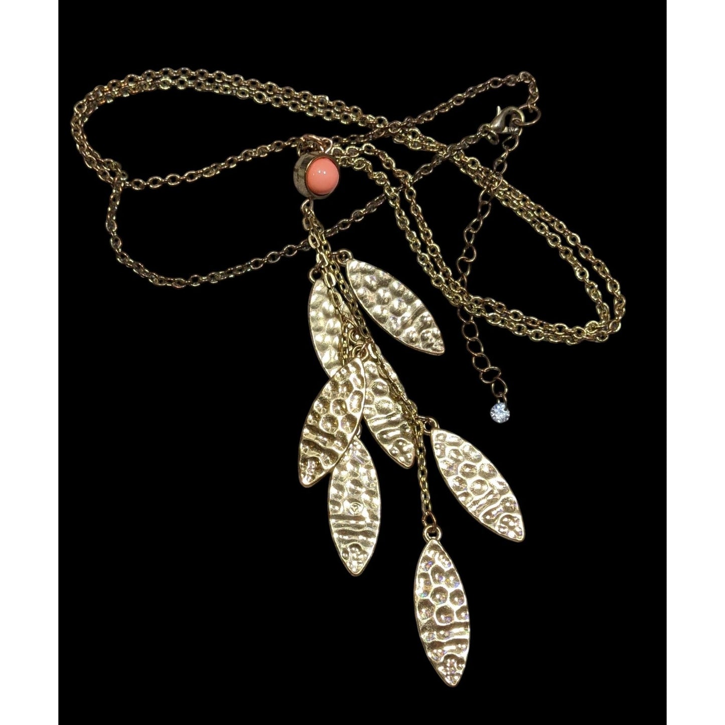 Bohemian Hammered Leaf Tassel Necklace Gold Tone With Orange Accent Bead
