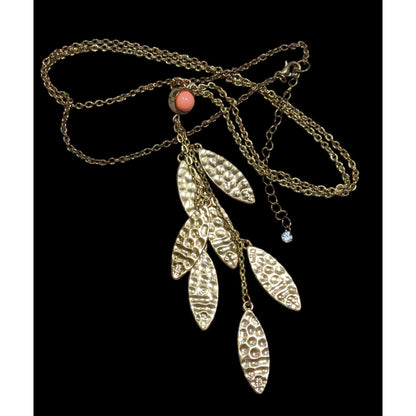 Bohemian Hammered Leaf Tassel Necklace Gold Tone With Orange Accent Bead