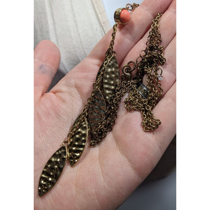 Bohemian Hammered Leaf Tassel Necklace Gold Tone With Orange Accent Bead