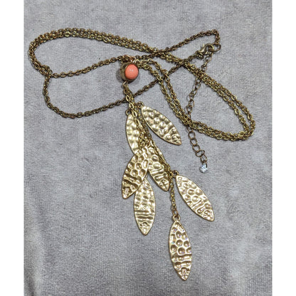 Bohemian Hammered Leaf Tassel Necklace Gold Tone With Orange Accent Bead