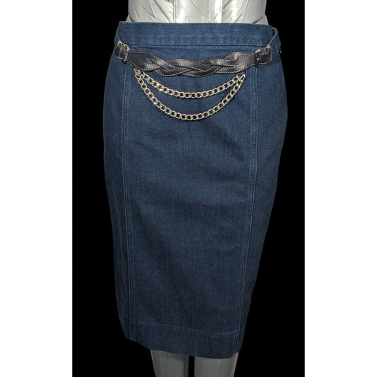Vintage Ralph Lauren Blue Denim Skirt With Leather And Chain Belt Size 2