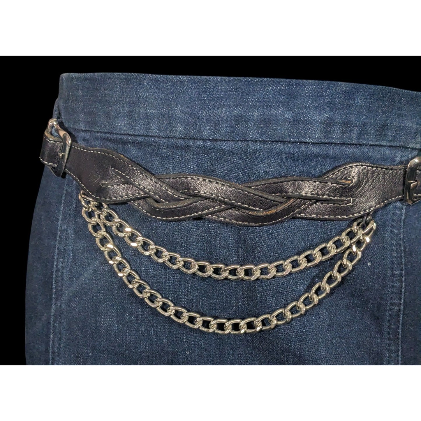 Vintage Ralph Lauren Blue Denim Skirt With Leather And Chain Belt Size 2