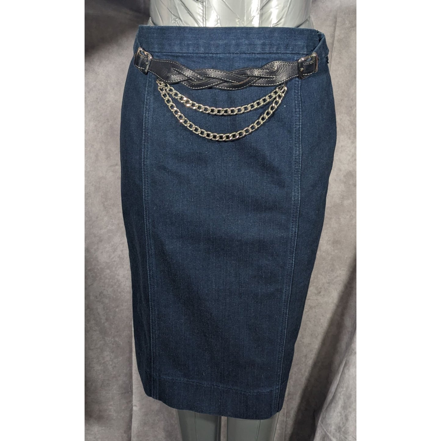 Vintage Ralph Lauren Blue Denim Skirt With Leather And Chain Belt Size 2