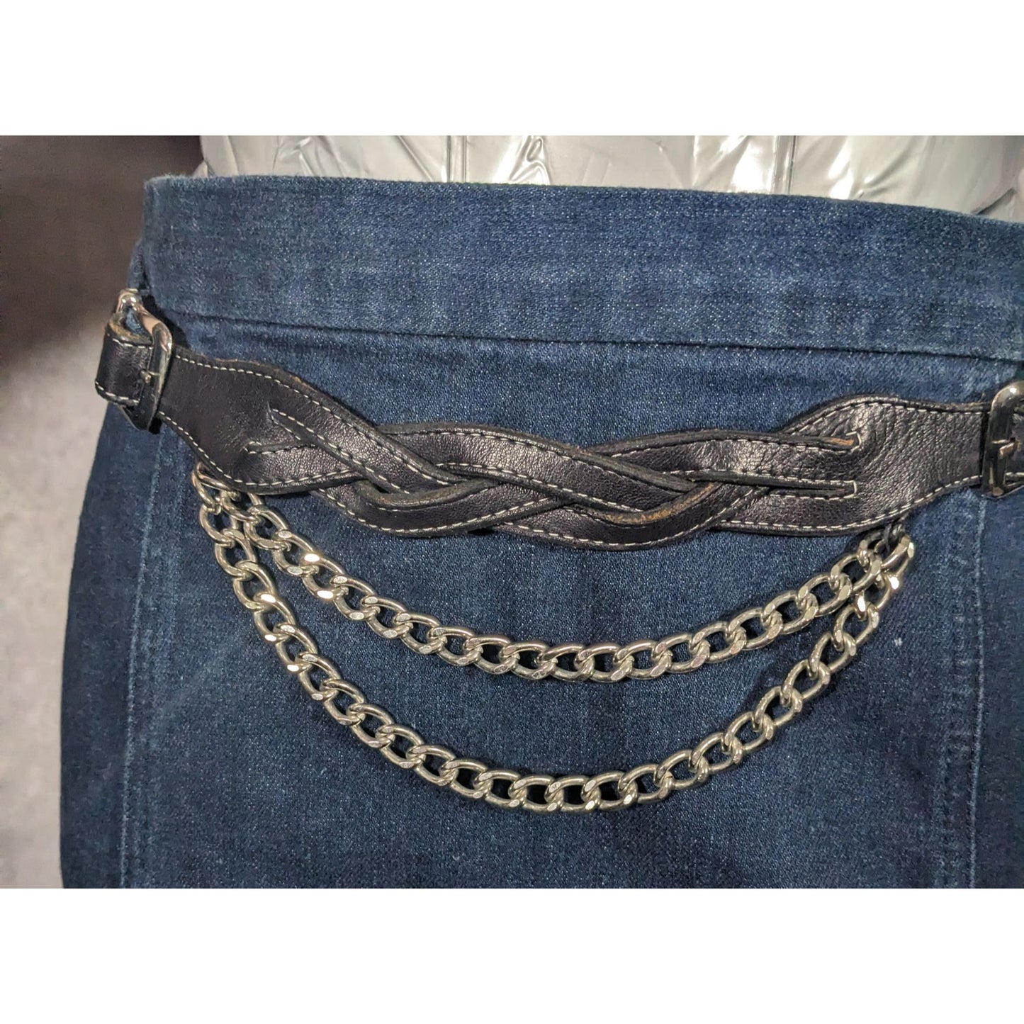 Vintage Ralph Lauren Blue Denim Skirt With Leather And Chain Belt Size 2