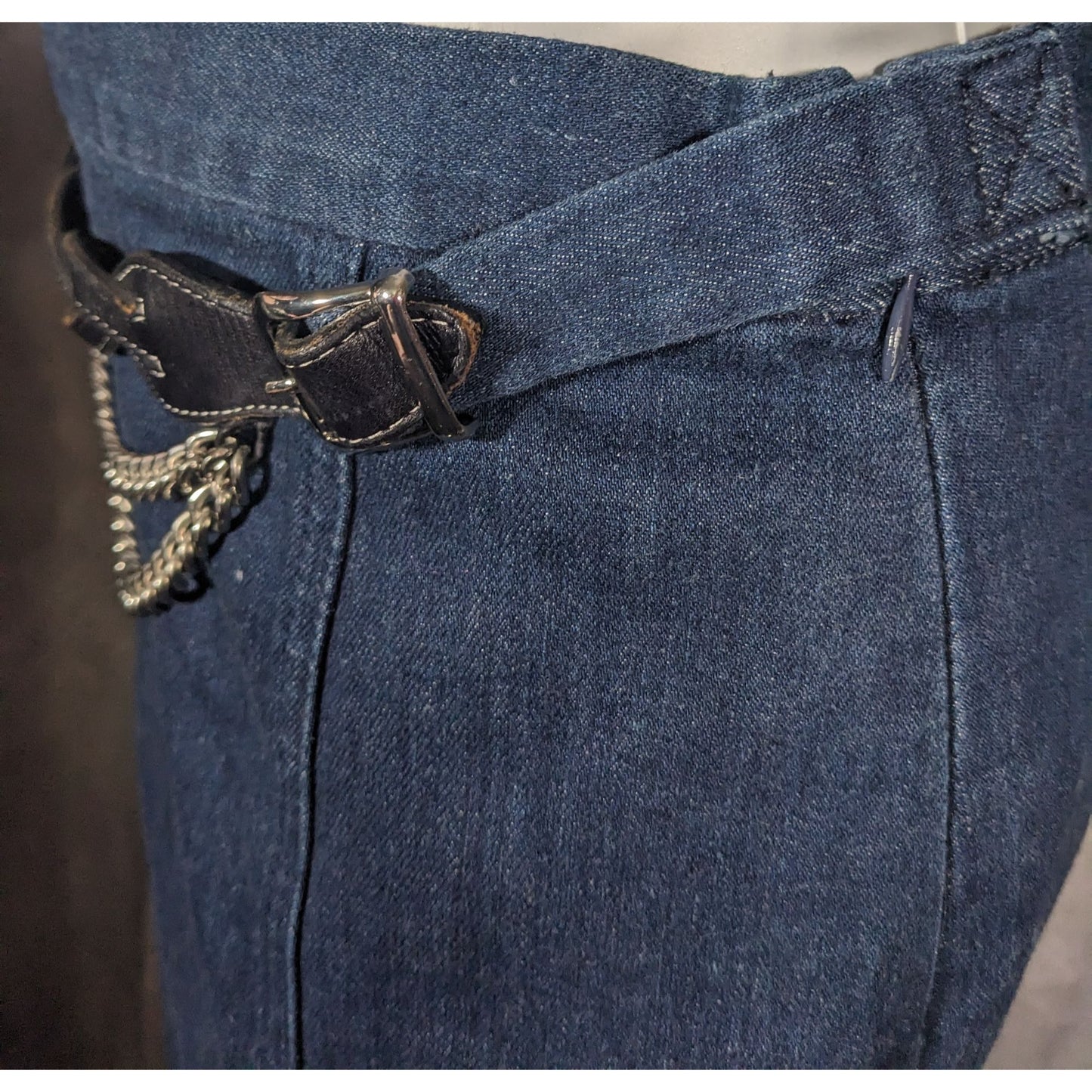 Vintage Ralph Lauren Blue Denim Skirt With Leather And Chain Belt Size 2