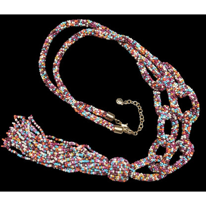 C Est 1946 Rainbow Glass Beaded Link Tassel Necklace