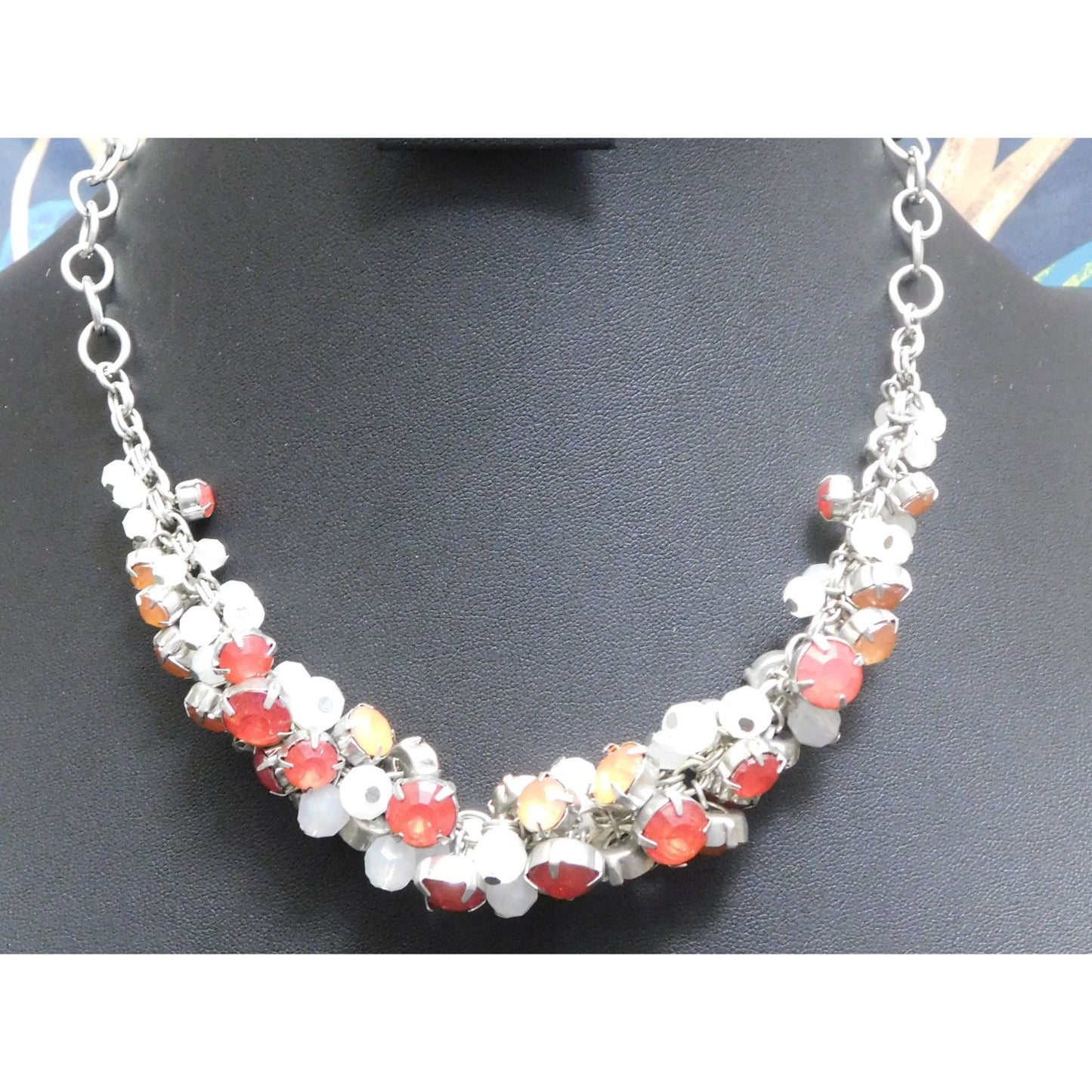 Retro Red And White Gemmed Cluster Necklace
