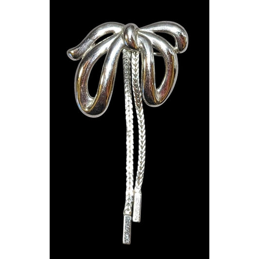 Vintage Coquette Money Silver Tone Chain Bow Brooch