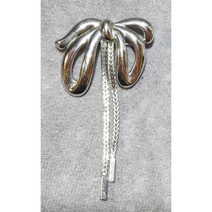 Vintage Coquette Money Silver Tone Chain Bow Brooch