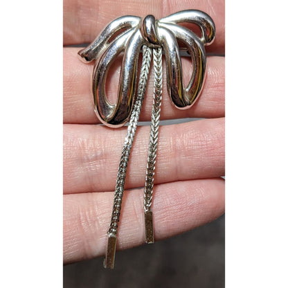 Vintage Coquette Money Silver Tone Chain Bow Brooch