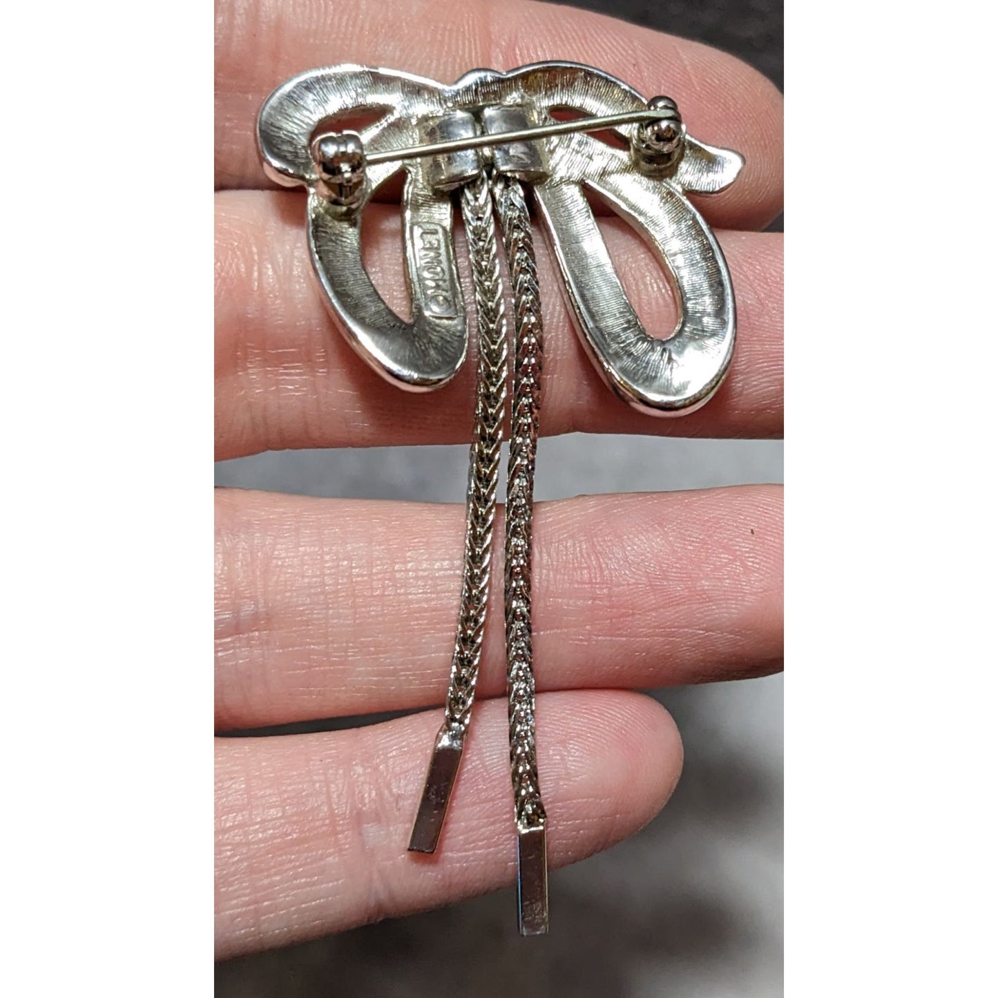 Vintage Coquette Money Silver Tone Chain Bow Brooch