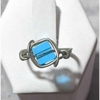 Blue And Silver Tone Wire Wrapped Handmade Glass Beaded Ring Size 7