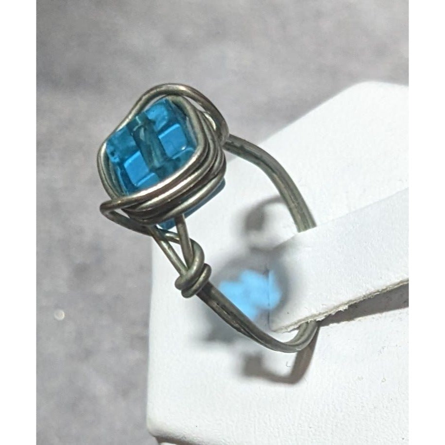 Blue And Silver Tone Wire Wrapped Handmade Glass Beaded Ring Size 7