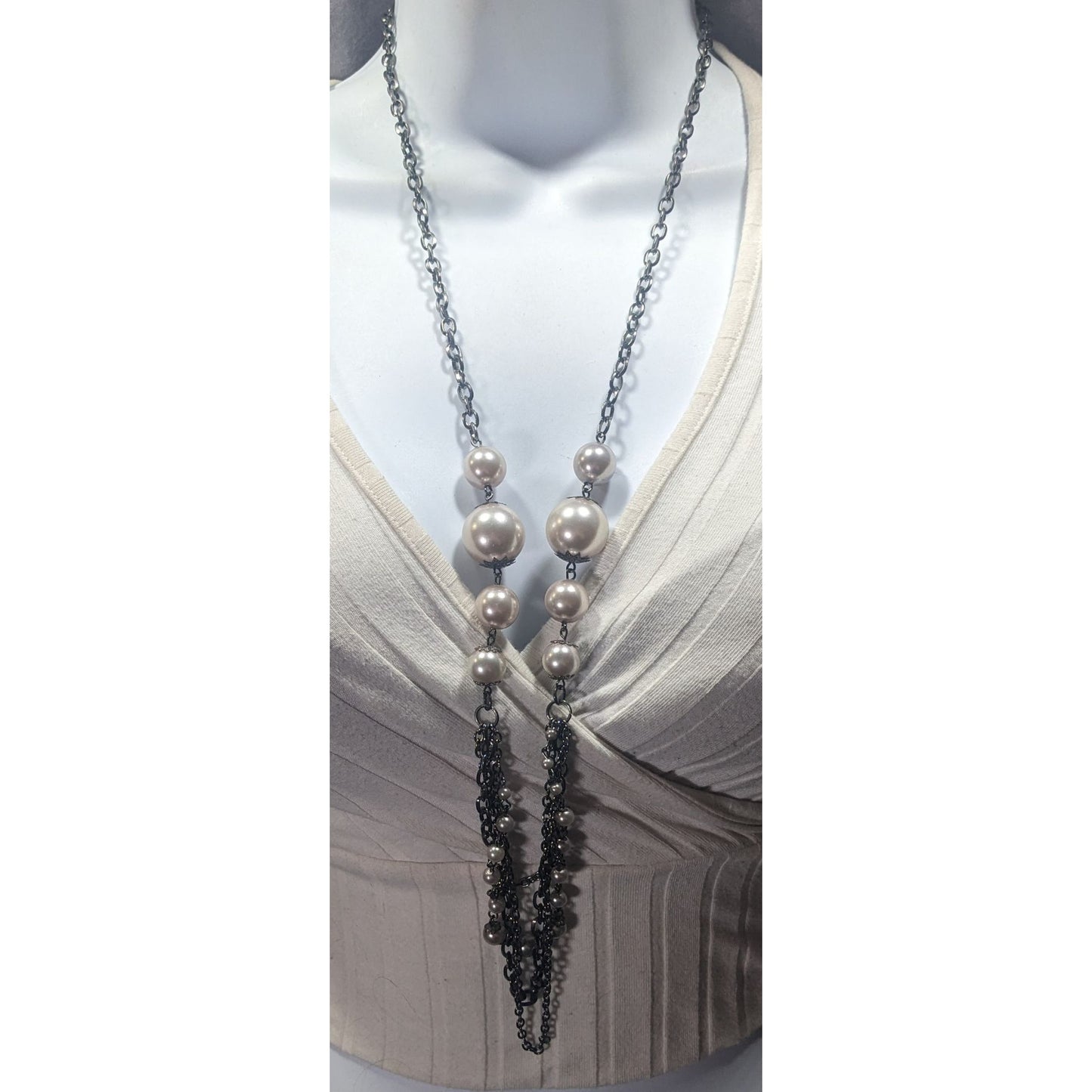 Glam Goth Faux Pearl Gunmetal Tone Statement Necklace