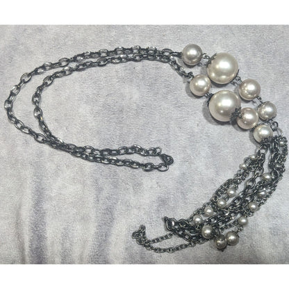 Glam Goth Faux Pearl Gunmetal Tone Statement Necklace
