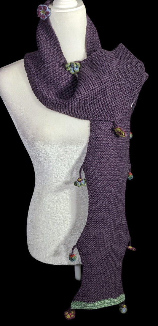 Vintage Handmade Cottagecore Crochet Scarf With Green Trim & Colorful Flower Tassels