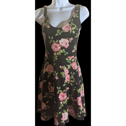 Forever 21 Black & Pink Floral Skater Dress Size Small Sleeveless 34" Shoulder To Hem