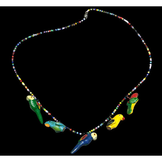Handcrafted Parrot Necklace With Colorful Beads & Ceramic Bird Charms