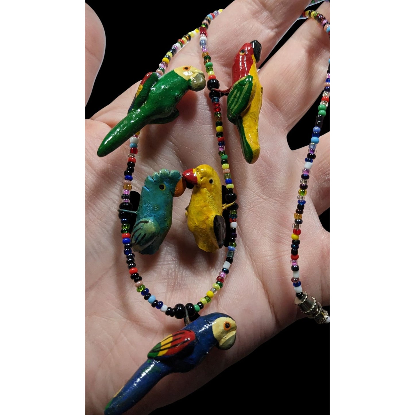 Handcrafted Parrot Necklace With Colorful Beads & Ceramic Bird Charms