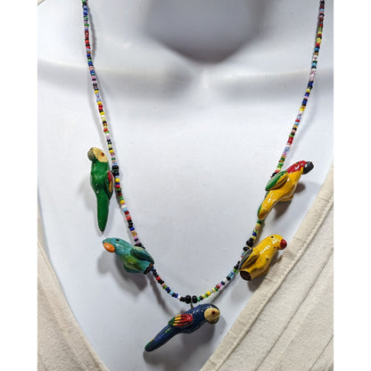 Handcrafted Parrot Necklace With Colorful Beads & Ceramic Bird Charms