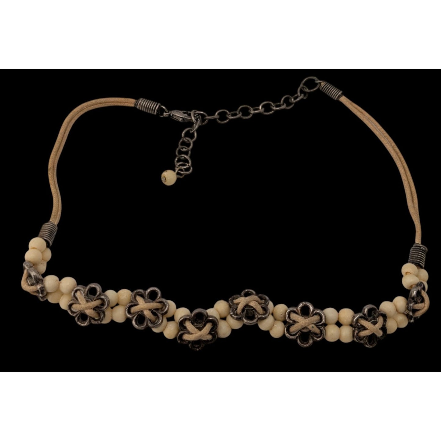 Vintage Floral Choker Necklace Metal Flowers Carved Cow Bone Beads Hippie Boho
