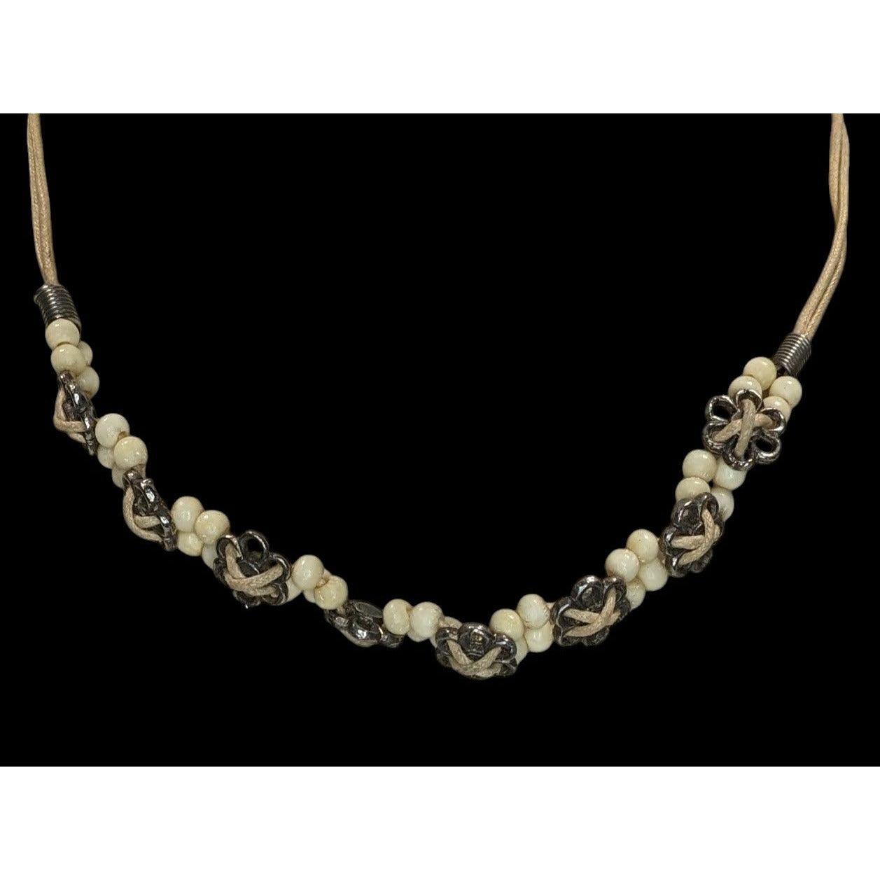 Vintage Floral Choker Necklace Metal Flowers Carved Cow Bone Beads Hippie Boho