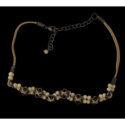 Vintage Floral Choker Necklace Metal Flowers Carved Cow Bone Beads Hippie Boho