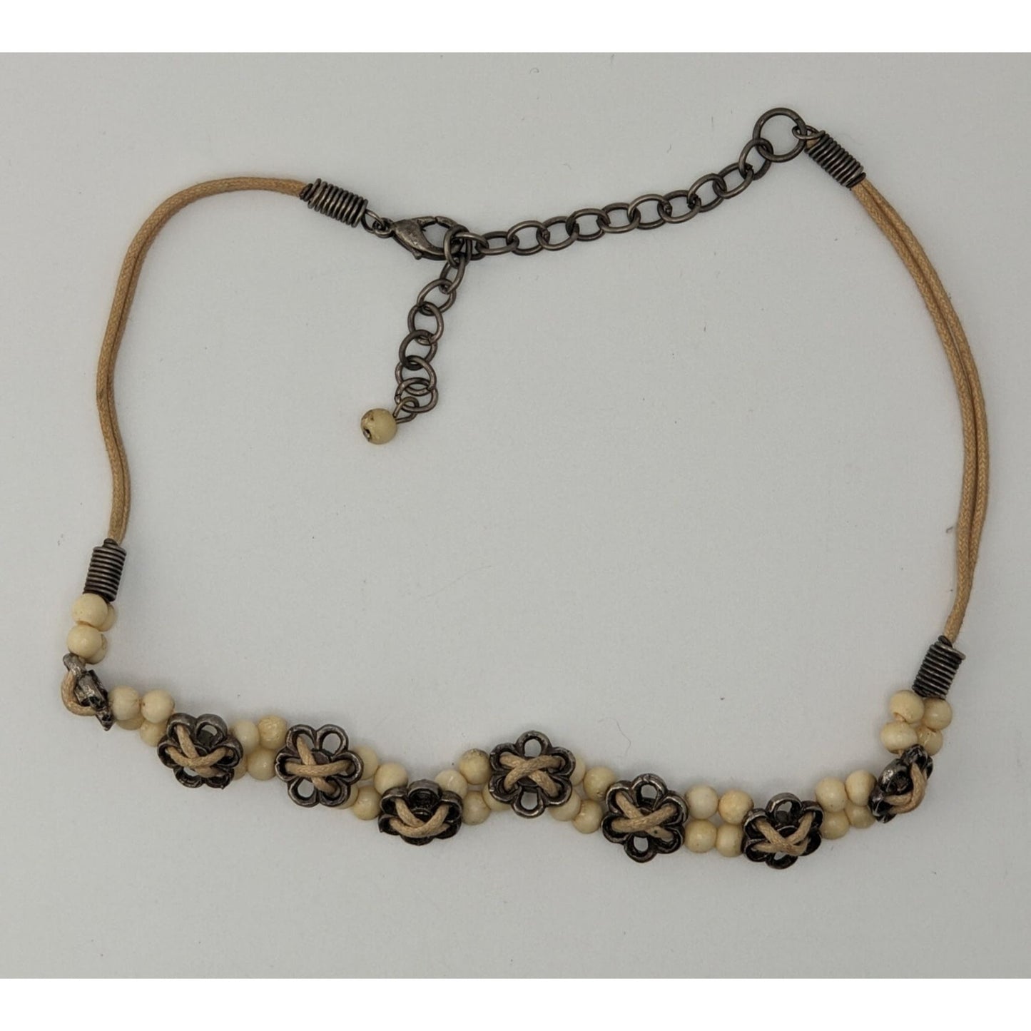 Vintage Floral Choker Necklace Metal Flowers Carved Cow Bone Beads Hippie Boho
