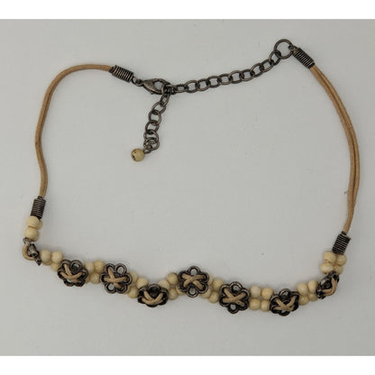 Vintage Floral Choker Necklace Metal Flowers Carved Cow Bone Beads Hippie Boho