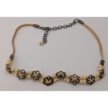 Vintage Floral Choker Necklace Metal Flowers Carved Cow Bone Beads Hippie Boho