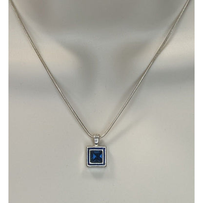 Elegant Square Blue Stone Pendant Necklace With Silver Tone Snake Chain