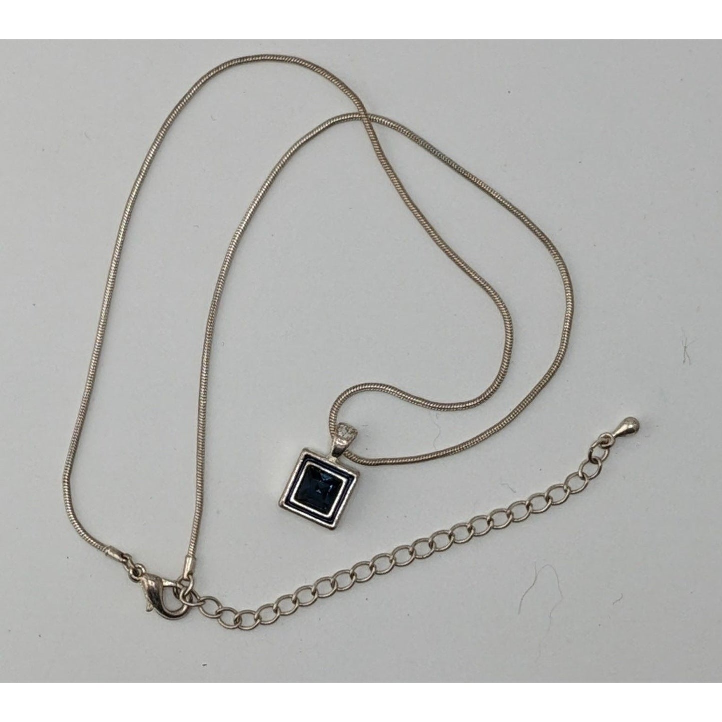 Elegant Square Blue Stone Pendant Necklace With Silver Tone Snake Chain