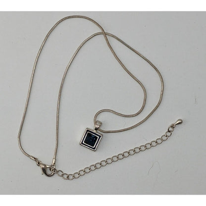 Elegant Square Blue Stone Pendant Necklace With Silver Tone Snake Chain