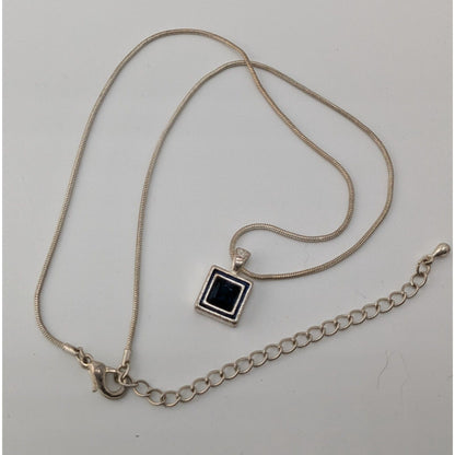 Elegant Square Blue Stone Pendant Necklace With Silver Tone Snake Chain