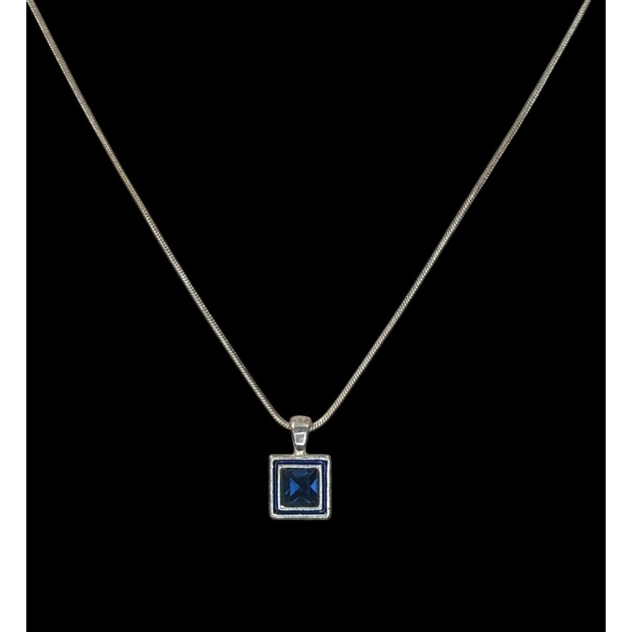 Elegant Square Blue Stone Pendant Necklace With Silver Tone Snake Chain
