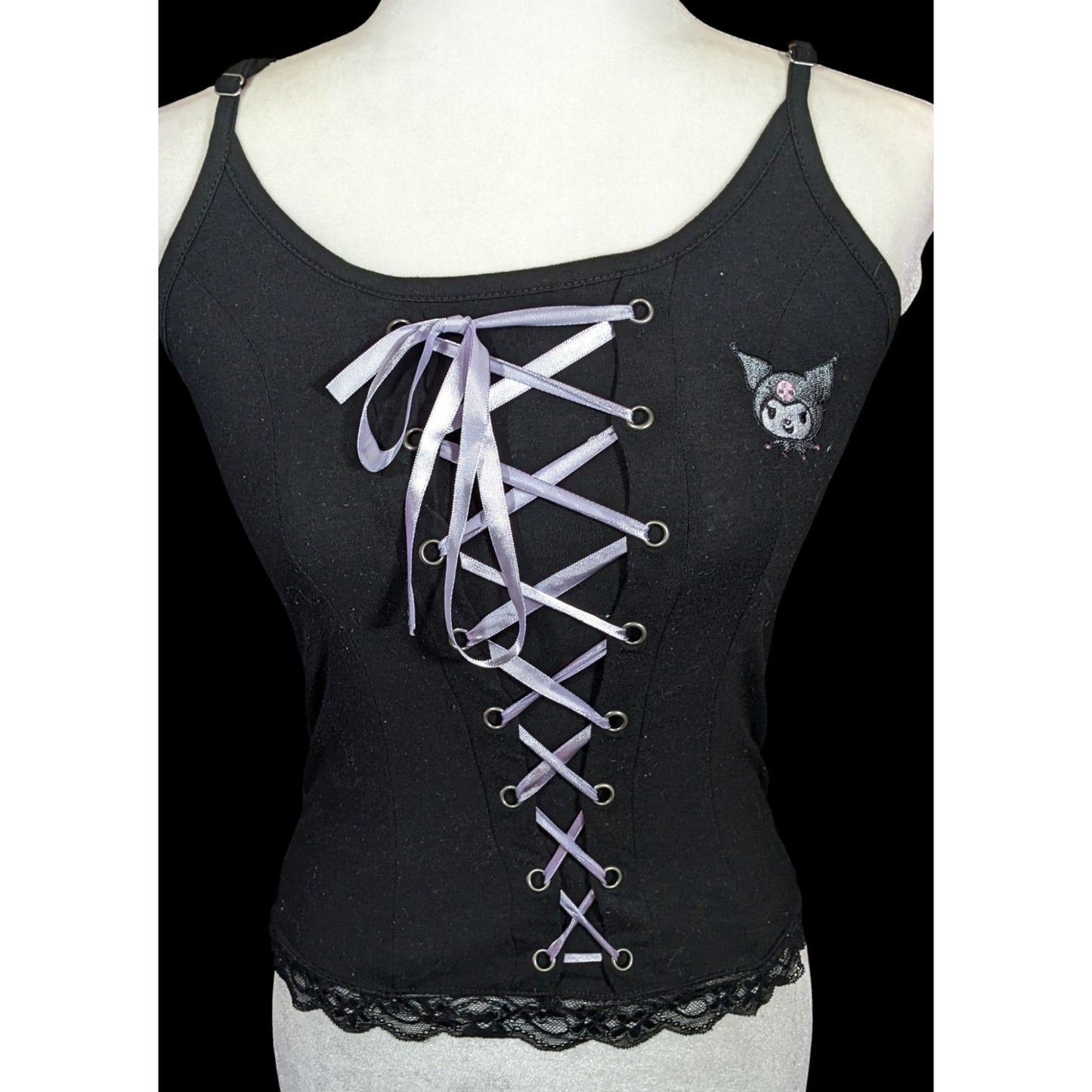 Kuromi Sanrio Pastel Goth Purple And Black Lace Up Corset Tank