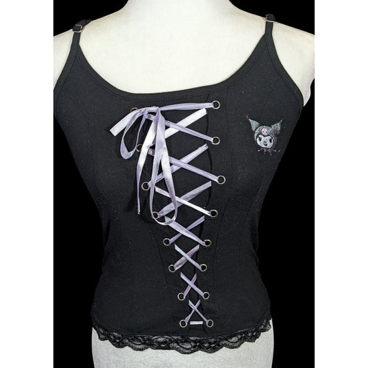 Kuromi Sanrio Pastel Goth Purple And Black Lace Up Corset Tank