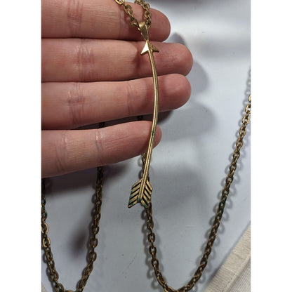 Curved Arrow Antiqued/Distressed Gold Tone Pendant Necklace