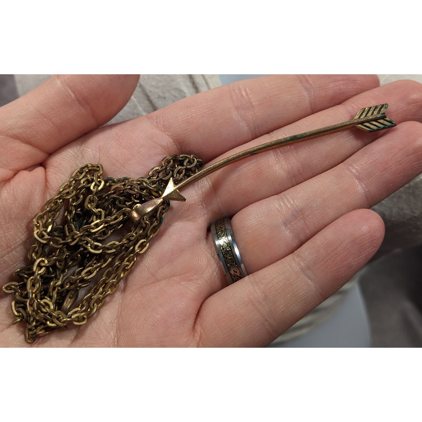 Curved Arrow Antiqued/Distressed Gold Tone Pendant Necklace