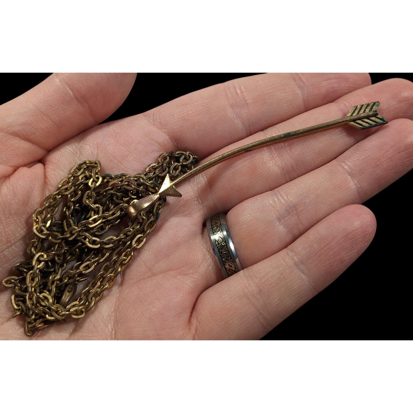 Curved Arrow Antiqued/Distressed Gold Tone Pendant Necklace