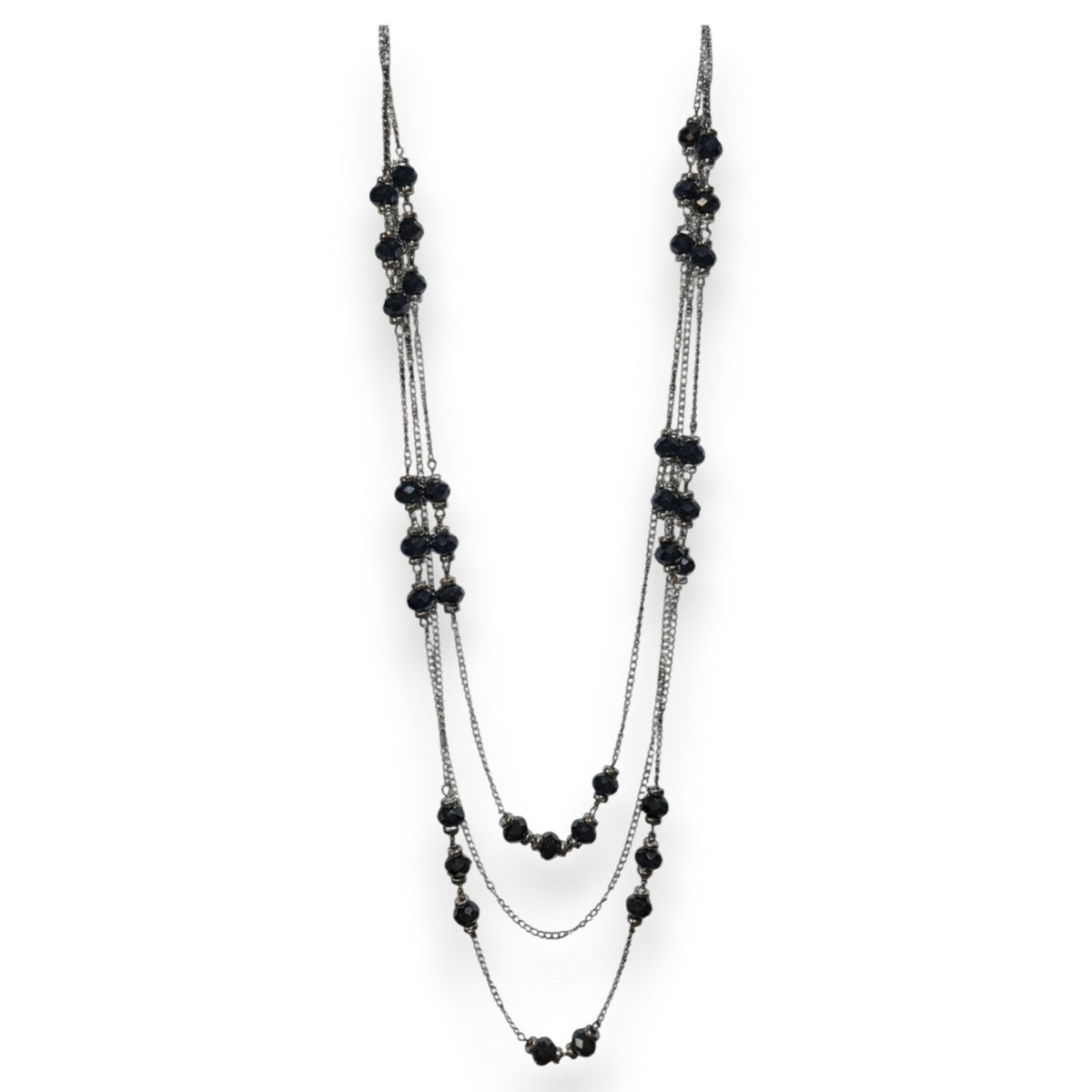 Gothic Glam Black Faceted Bead Gunmetal Layered Necklace 23 Inch
