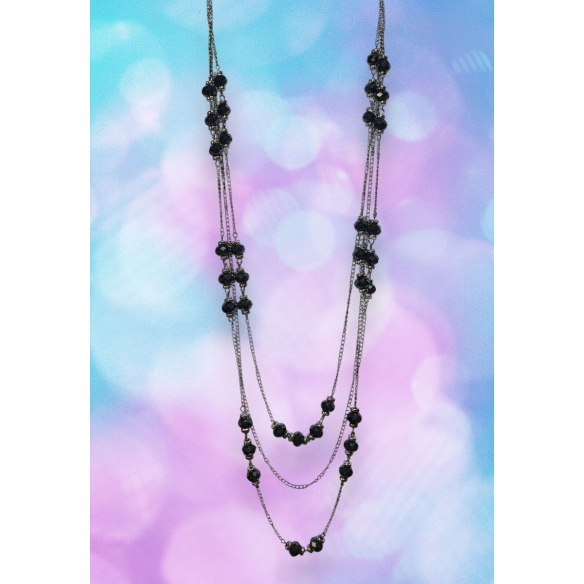 Gothic Glam Black Faceted Bead Gunmetal Layered Necklace 23 Inch