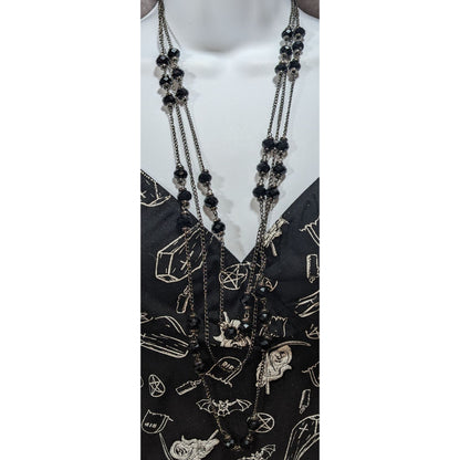 Gothic Glam Black Faceted Bead Gunmetal Layered Necklace 23 Inch