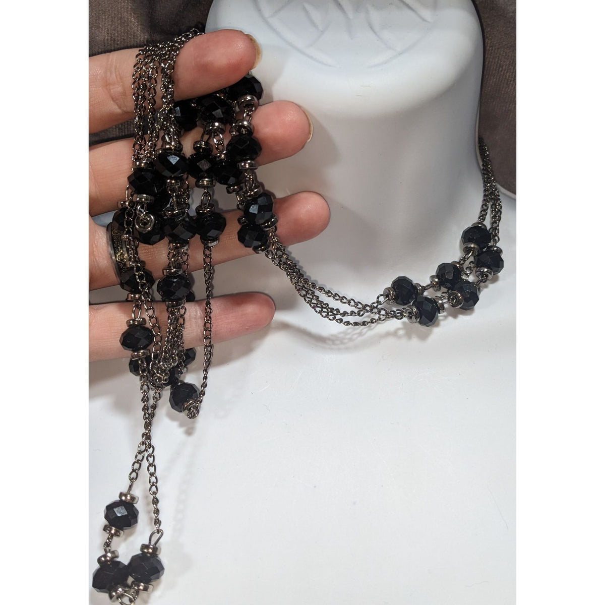 Gothic Glam Black Faceted Bead Gunmetal Layered Necklace 23 Inch