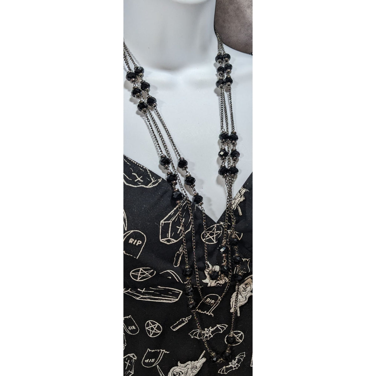 Gothic Glam Black Faceted Bead Gunmetal Layered Necklace 23 Inch