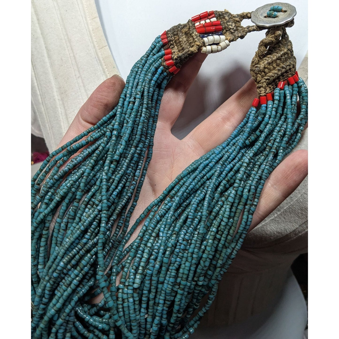 Vintage Authentic Konyak Naga Multistrand Glass Beaded Necklace With Macrame Clasp
