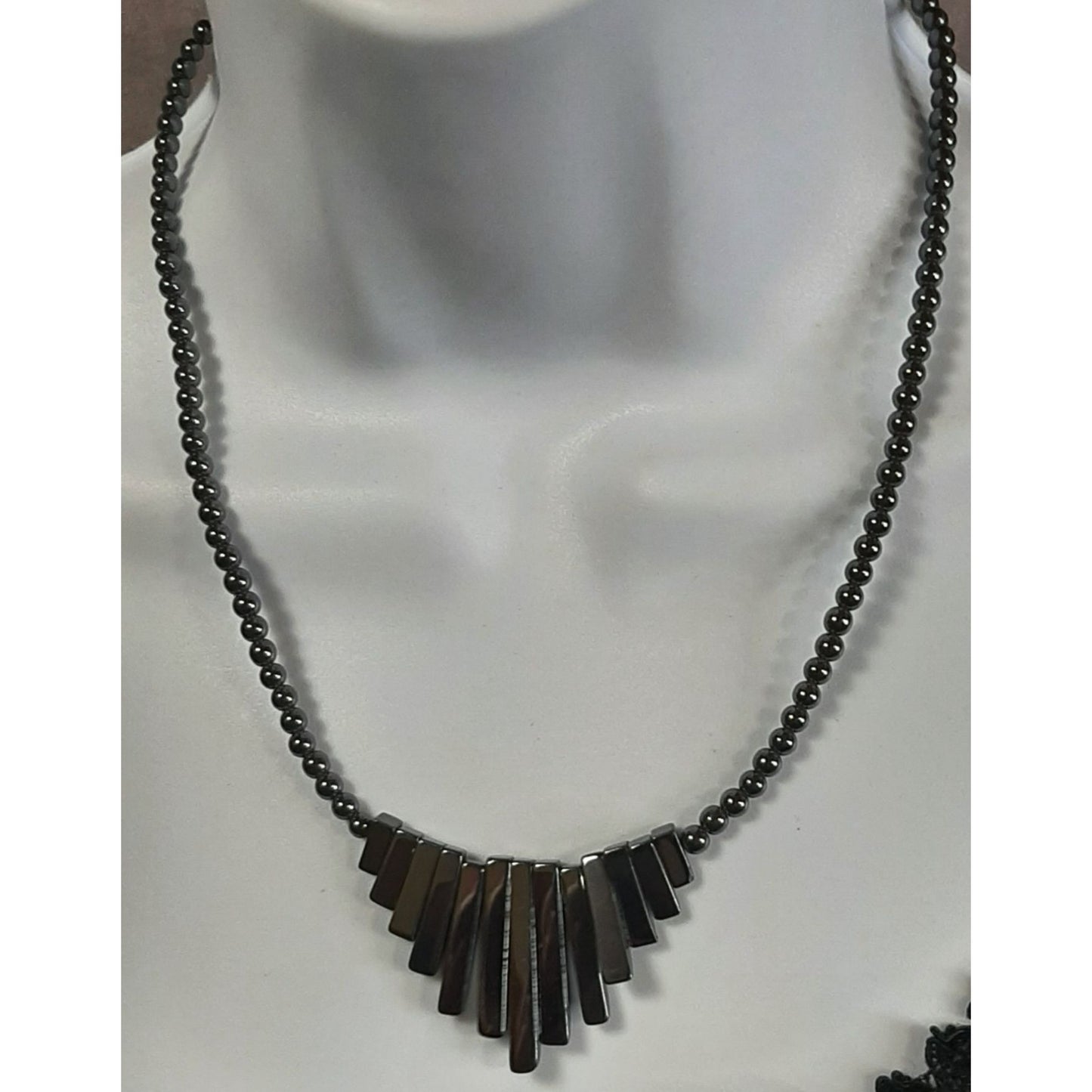 Hematite Beaded Necklace With Graduated Rectangular Pendant Bars