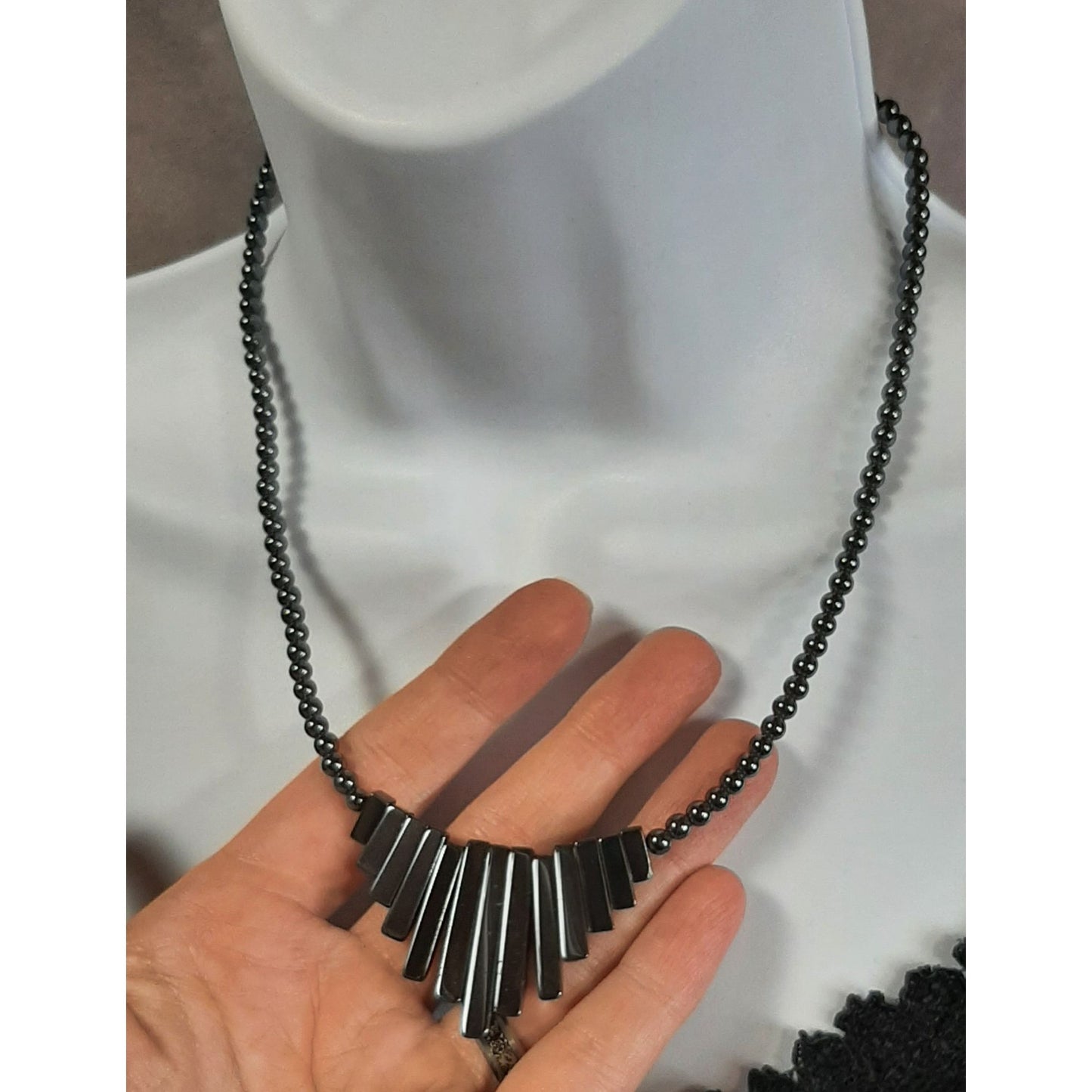 Hematite Beaded Necklace With Graduated Rectangular Pendant Bars