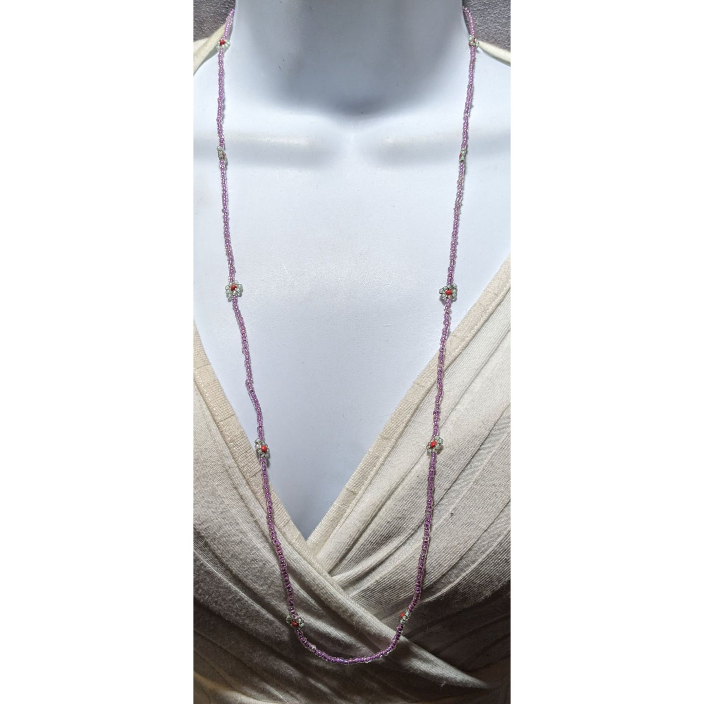 Handmade Purple Floral Glass Beaded Necklace