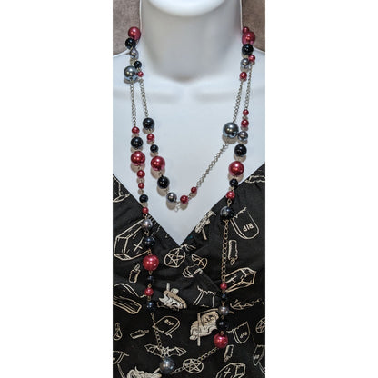 Gothic Black And Red Faux Pearl Long Necklace